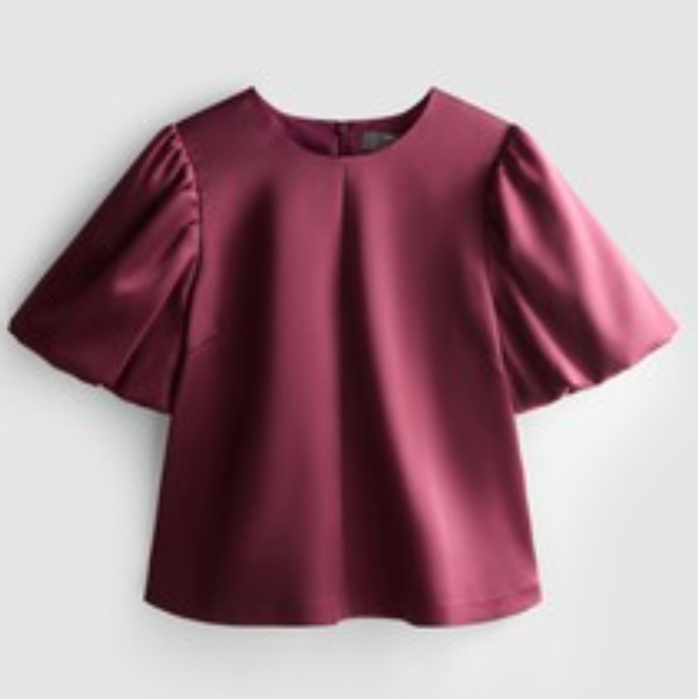 Primark Burgundy Crop Short Puff Sleeve Satin Cocktail Blouse Size 10 New